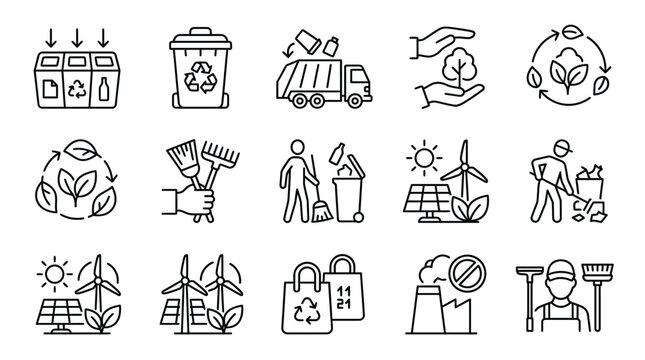 Set of Outline Icons Representing Recycling and Environmental Conservation.