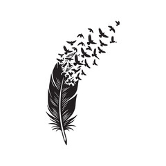 Obraz premium Black Feather Transforming into Flying Birds Silhouette Tattoo Design Vector 