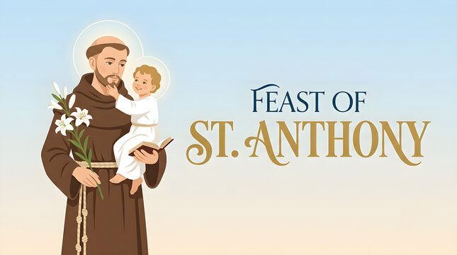 Feast of St Anthony Vector Banner with Saint Anthony of Padua Holding Infant Jesus and White Lily Flowers