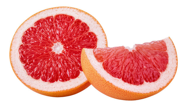 Juicy pink grapefruit halves and slice, isolated on transparent background
