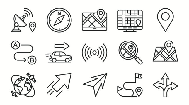 Set of navigation and location map line icons.