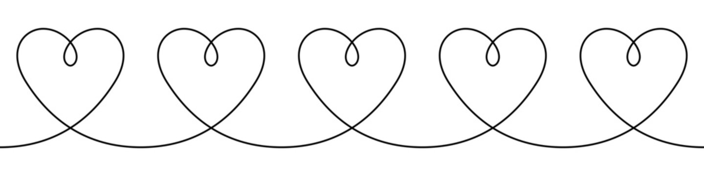 Horizontal decorative border of five hearts in one line art style. Symbol of love with editable black stroke. Vector illustration.