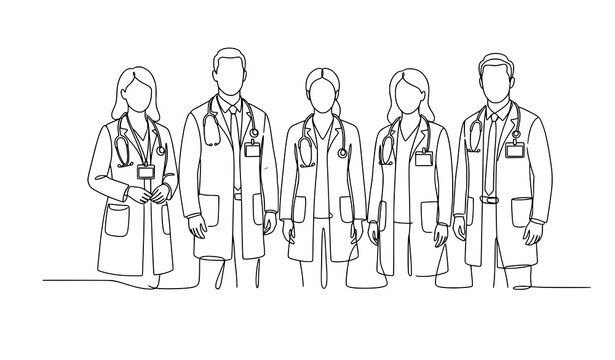 eam of Doctors Standing Together Continuous Single Line Healthcare Vector Illustration