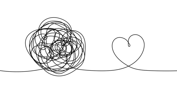 Tangled mess ball and a heart in one line art style. Symbol of chaos, emotion, and mental health with editable black stroke. Vector illustration.