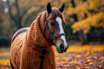 Obraz premium Horse in knitted sweater autumn forest background, animal in red and yellow foliage AI Generative