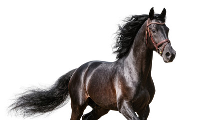 Majestic black horse with flowing mane and tail wearing a leather bridle, isolated on transparent background © Aliona