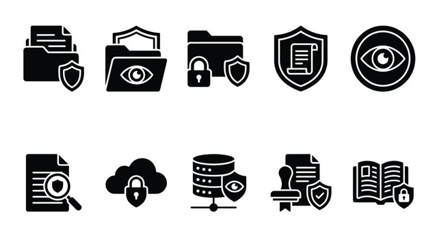 Data protection and privacy icon collection in black, including secure documents, cloud, database and fingerprint.