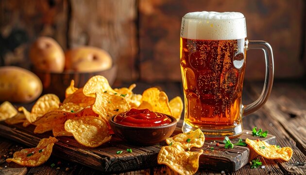 Cold glass of refreshing beer with foam served with crunchy golden potato chips and red dip on a rustic wooden table
