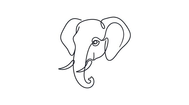Minimalist continuous line drawing of an elephant head on white background