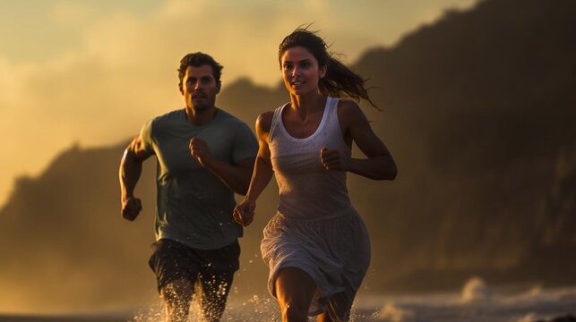 group of young people runs at the beach on beautiful summer sunset