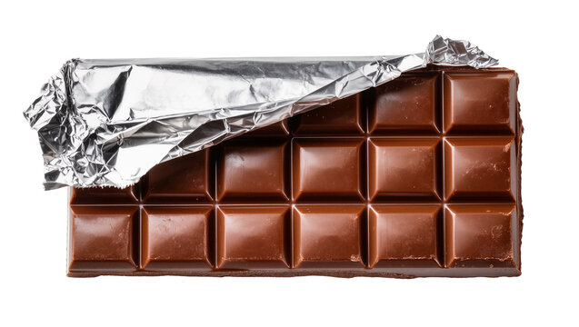 Milk chocolate bar with partially unwrapped silver foil, isolated on transparent background