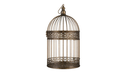 Ornate antique brass birdcage with decorative filigree, isolated on transparent background © Aliona