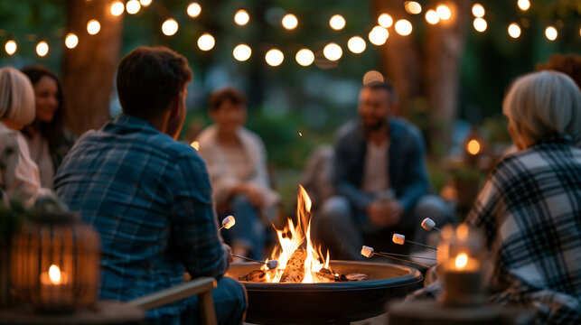 July Fourth family gathering around a backyard firepit wrapped in blankets under string lights after a cookout, cozy holiday togetherness and evening summer celebration concept,