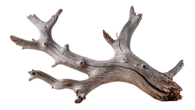 Weathered grey driftwood branch with textured grain, isolated on transparent background