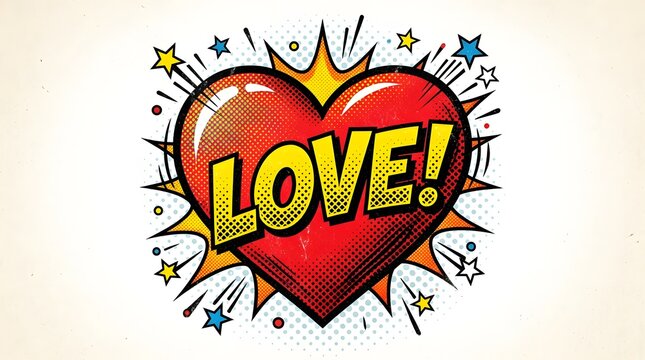 Colorful pop art style heart with love text and starbursts