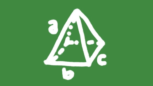 Geometry pyramid formula hand-drawn cartoon graphic with chalk outline triangle math icon isolated on green screen background for school classroom education symbol and mathematical line art element.
