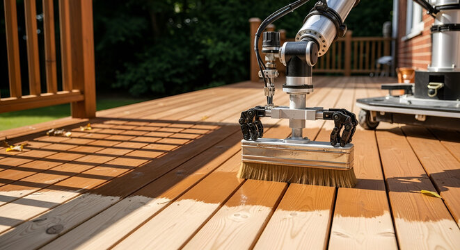 Robot arm staining outdoor wooden deck with a brush automated home improvement