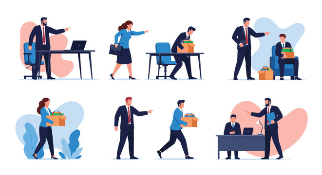 Series of business illustrations depicting employees leaving office after being fired or quitting with bosses pointing towards exit.
