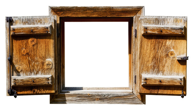 Rustic wooden window frame with open shutters, isolated on transparent background