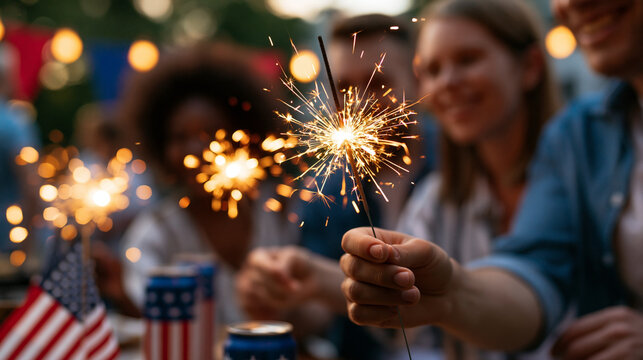 Diverse friends and family celebrating Independence Day with sparklers and fireworks at a backyard barbecue party on a sunny evening with patriotic decorations, faceless, faces