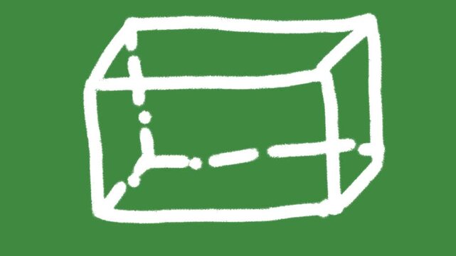 Geometry rectangular prism hand-drawn cartoon graphic with chalk outline 3d cuboid block icon isolated on green screen background for school classroom education and mathematical line art element.