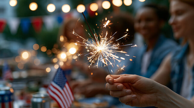 Diverse friends and family celebrating Independence Day with sparklers and fireworks at a backyard barbecue party on a sunny evening with patriotic decorations, faceless, faces