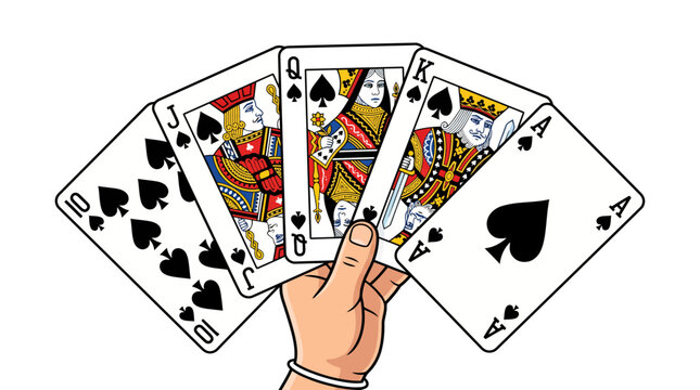 Hand holding a royal flush poker hand spades