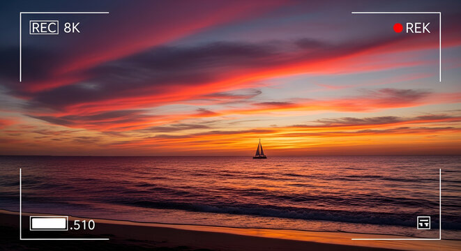 Vibrant Sunset Over Ocean with Sailboat and Beach - 8K Camera Recording View