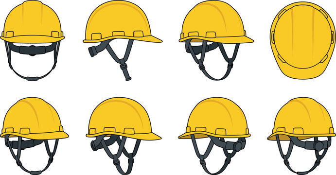 Yellow Construction Hard Hat Vector Illustration Set from Multiple View Angles for Industrial Safety Labor and Engineering Site Project Graphics