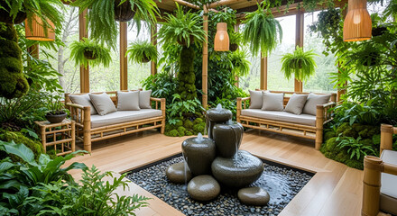 Fototapeta premium Luxurious indoor garden conservatory with bamboo furniture and a serene water fountain