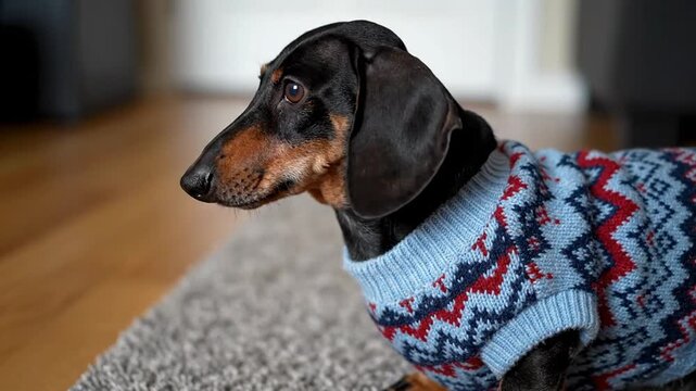Dachshund dog wearing patterned winter sweater indoors on wooden floor