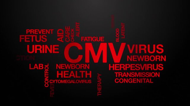 Cytomegalovirus CMV  concept Animated Tag Word Cloud kinetic typography, Text Design Animation typography seamless loop video motion graphics Intro Wordart arrangement red type on black background bg 