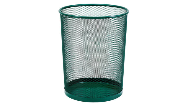 Dark green mesh waste bin office accessory, isolated on transparent background