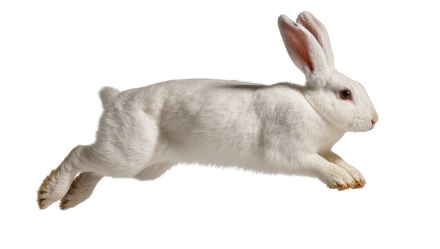 White rabbit mid-leap showing its fluffy fur and long ears, isolated on transparent background