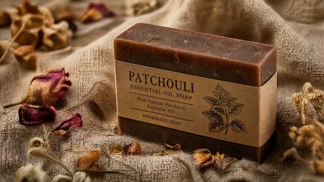 Dark brown patchouli soap bar on rough linen with dried flowers, rustic texture.