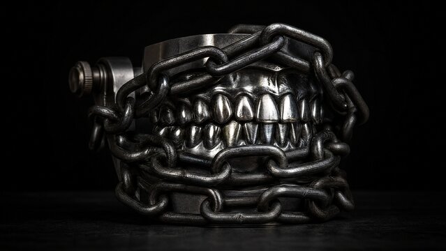 Metal dental model wrapped in heavy chains, symbolic representation of constrained movement on dark background.