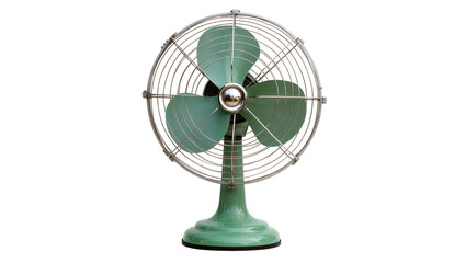 Vintage green desk fan with chrome accents, isolated on transparent background © Aliona