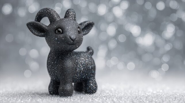 Smiling black goat figurine with curled horn on glittering snow backdrop