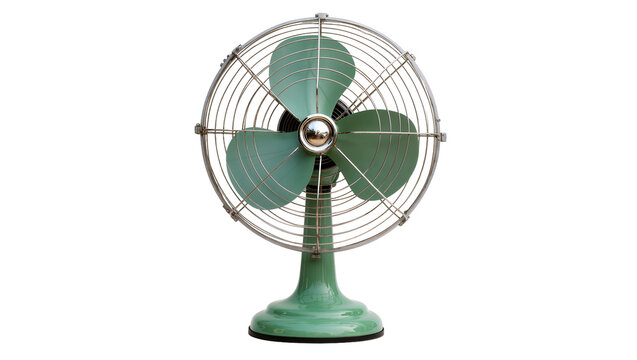 Vintage green desk fan with chrome accents, isolated on transparent background