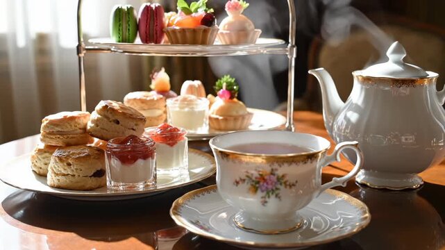 Elegant tea set with snacks, scones, pastries on tiered stand, ornate teapot, sunny room setting