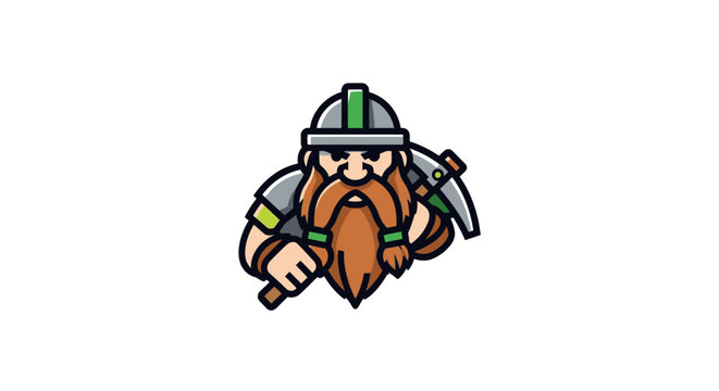 Stylized fantasy dwarf character holding a mining pickaxe.