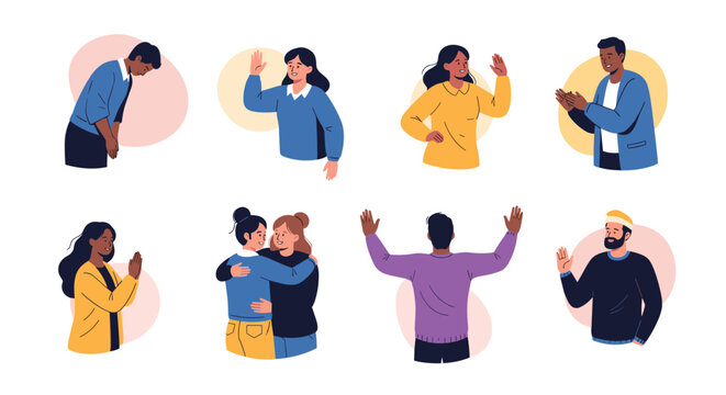 Diverse set of people making different hand gestures and body language signals for greeting, praying, and showing support.