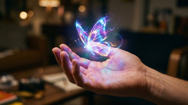 Human hand with glowing holographic butterfly projection, symbolizing transformation, digital nature, augmented reality, and the fusion of technology with organic beauty in a luminous, futuristic sett
