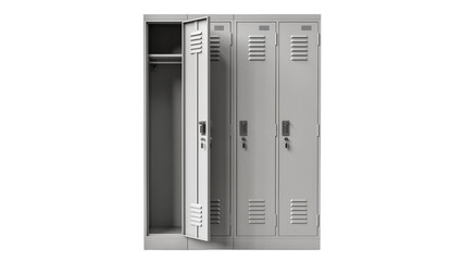 Gray metal school lockers with one door open, isolated on transparent background © Aliona