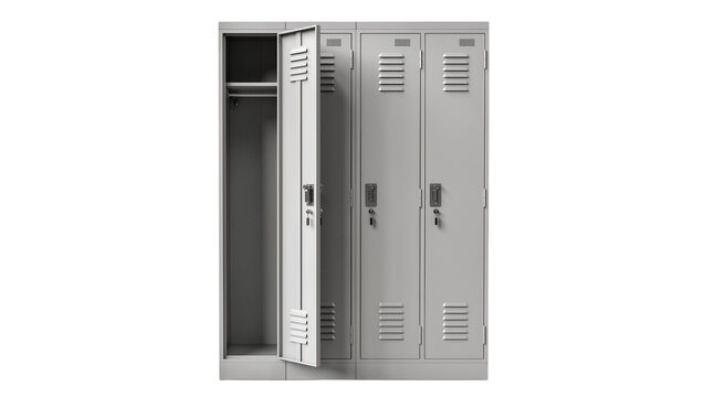 Gray metal school lockers with one door open, isolated on transparent background