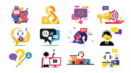 Fototapeta premium Modern flat design icons for customer support, call center, and online communication services.
