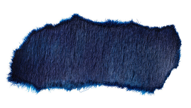 Rough blue fuzzy fabric texture with frayed edges, isolated on transparent background