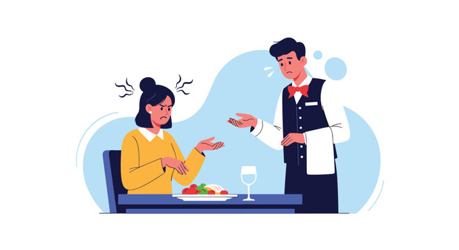 Angry female customer complaining about her cold meal to a stressed and apologetic waiter in a busy restaurant.