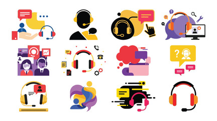 Fototapeta premium Variety of customer support icons featuring headsets and communication elements.