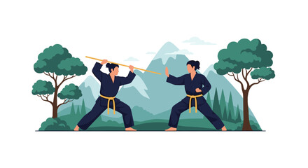 Fototapeta premium Two practitioners of martial arts training with a wooden staff in a beautiful and scenic mountain landscape.